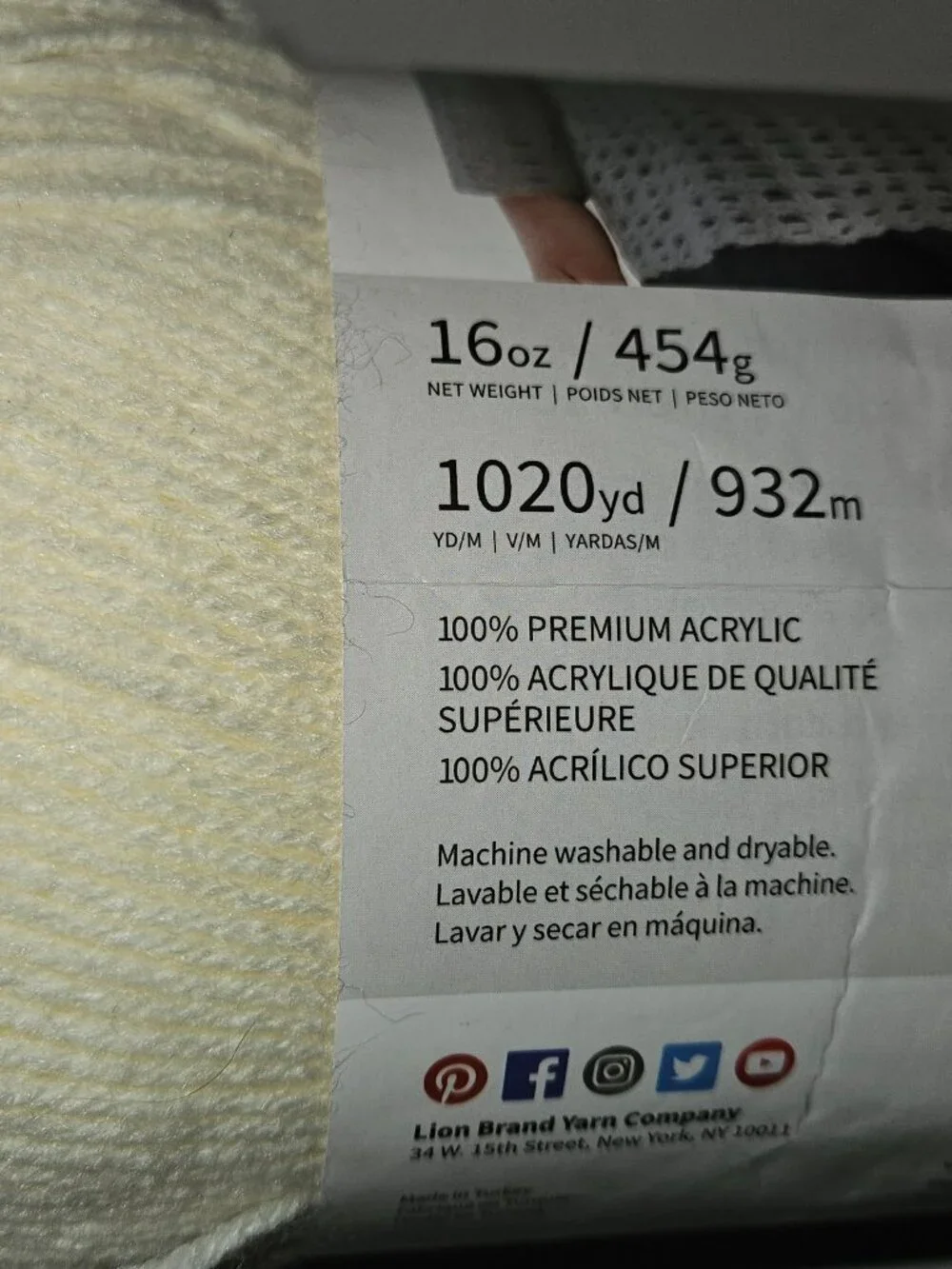 NOS Lion Brand Yarn Pound of Love Antique White 16 oz 1020 Yards 100% Acrylic